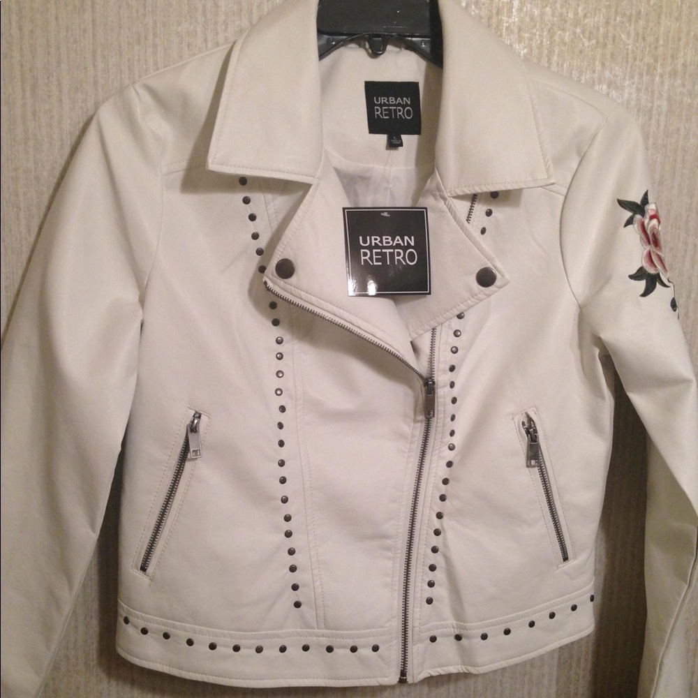 Women's White Faux Leather Studded Moto Jacket